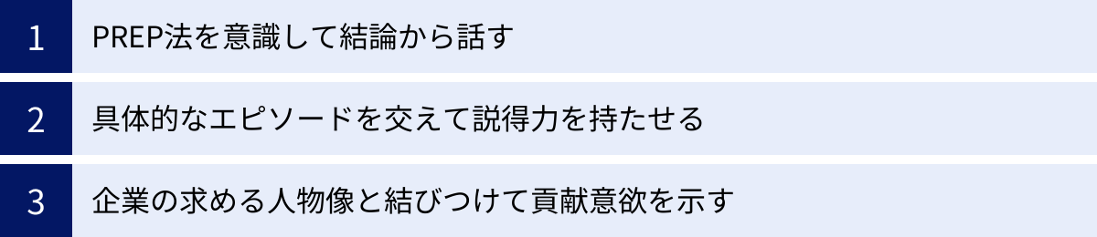 PREP法を意識して結論から話す、具体的なエピソードを交えて説得力を持たせる、企業の求める人物像と結びつけて貢献意欲を示す