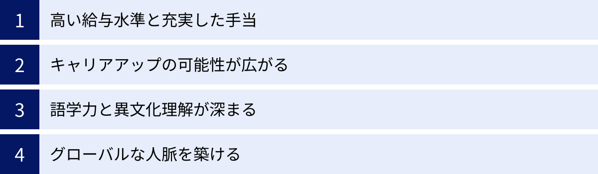 高い給与水準と充実した手当、キャリアアップの可能性が広がる、語学力と異文化理解が深まる、グローバルな人脈を築ける