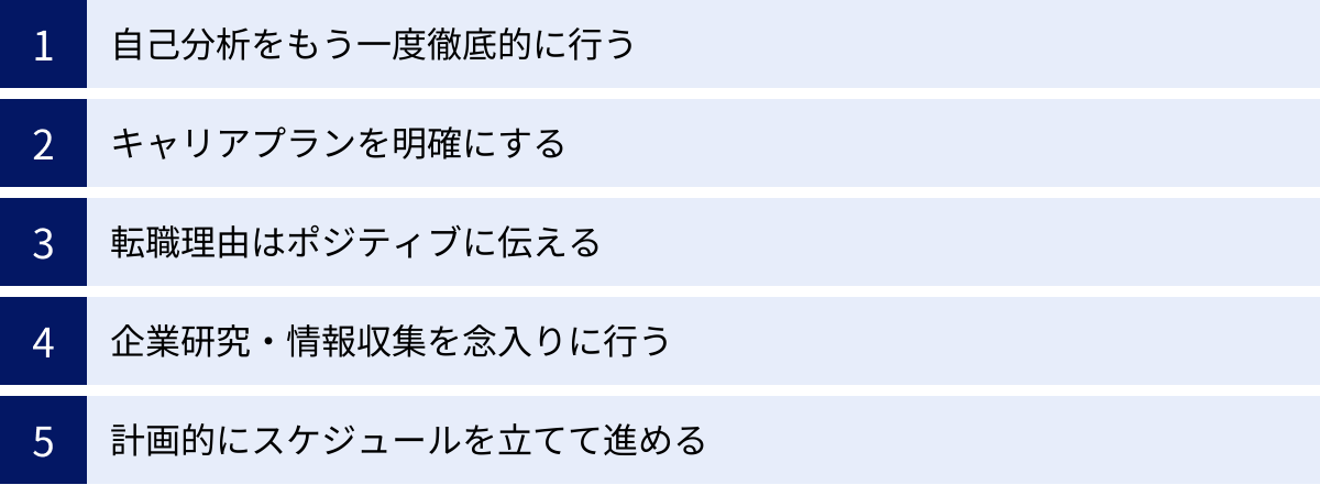 自己分析をもう一度徹底的に行う、キャリアプランを明確にする、転職理由はポジティブに伝える、企業研究・情報収集を念入りに行う、計画的にスケジュールを立てて進める