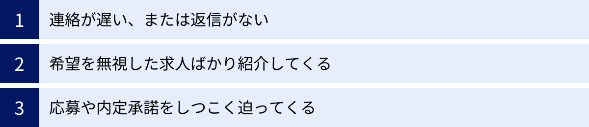 連絡が遅い、または返信がない、希望を無視した求人ばかり紹介してくる、応募や内定承諾をしつこく迫ってくる