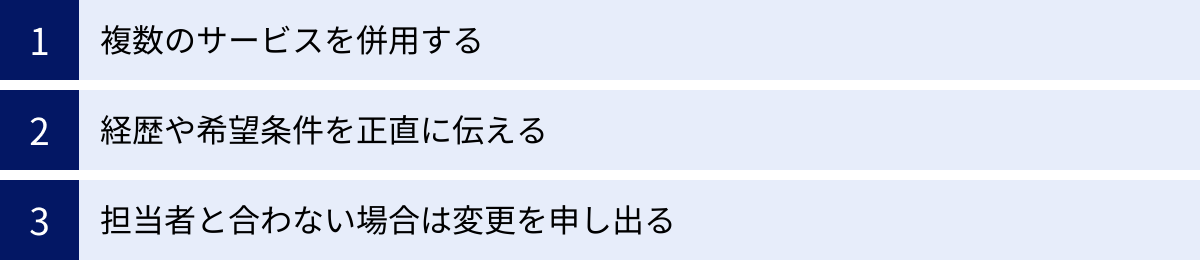 複数のサービスを併用する、経歴や希望条件を正直に伝える、担当者と合わない場合は変更を申し出る