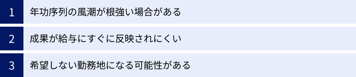年功序列の風潮が根強い場合がある、成果が給与にすぐに反映されにくい、希望しない勤務地になる可能性がある