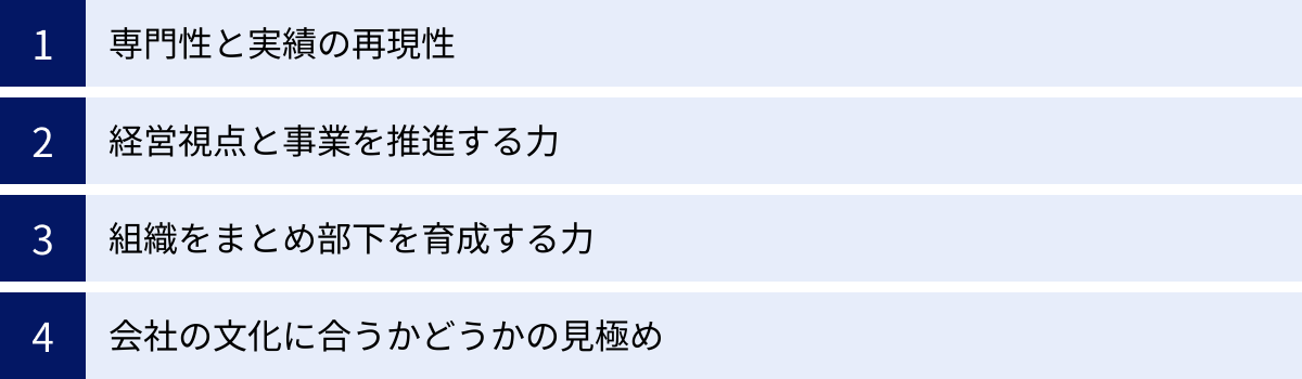 専門性と実績の再現性、経営視点と事業を推進する力、組織をまとめ部下を育成する力、会社の文化に合うかどうかの見極め