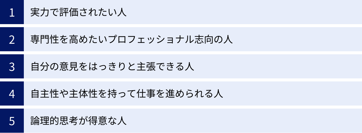 実力で評価されたい人、専門性を高めたいプロフェッショナル志向の人、自分の意見をはっきりと主張できる人、自主性や主体性を持って仕事を進められる人、論理的思考が得意な人
