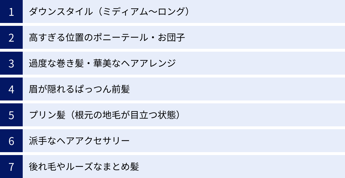 ダウンスタイル（ミディアム～ロング）、高すぎる位置のポニーテール・お団子、過度な巻き髪・華美なヘアアレンジ、眉が隠れるぱっつん前髪、プリン髪（根元の地毛が目立つ状態）、派手なヘアアクセサリー、後れ毛やルーズなまとめ髪