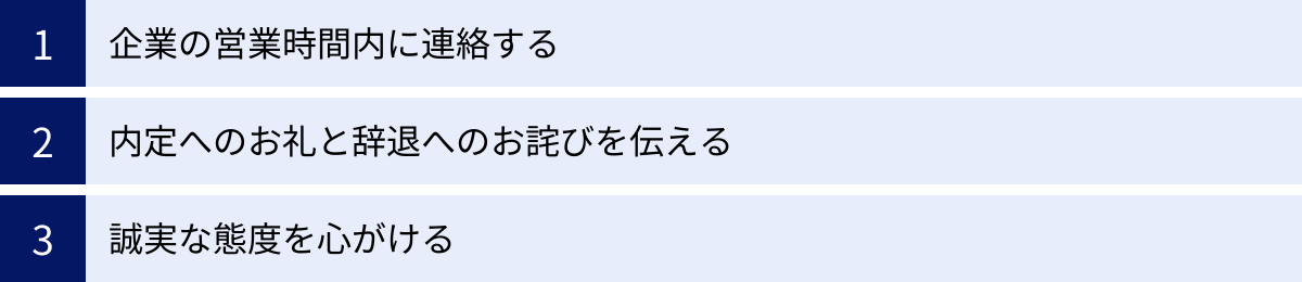 企業の営業時間内に連絡する、内定へのお礼と辞退へのお詫びを伝える、誠実な態度を心がける