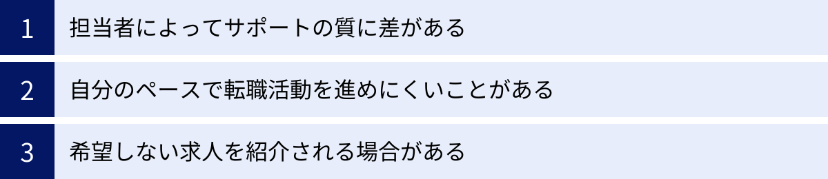 担当者によってサポートの質に差がある、自分のペースで転職活動を進めにくいことがある、希望しない求人を紹介される場合がある
