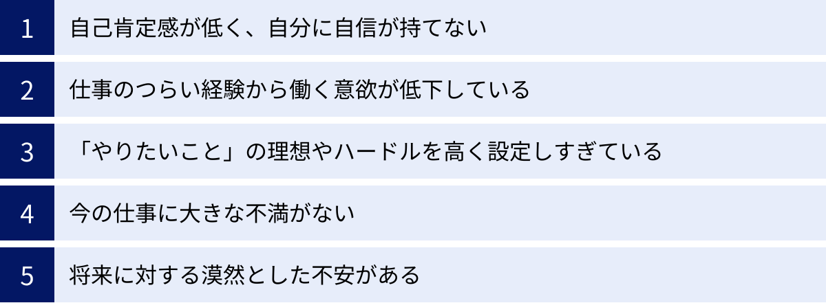 自己肯定感が低く、自分に自信が持てない、仕事のつらい経験から働く意欲が低下している、「やりたいこと」の理想やハードルを高く設定しすぎている、今の仕事に大きな不満がない、将来に対する漠然とした不安がある