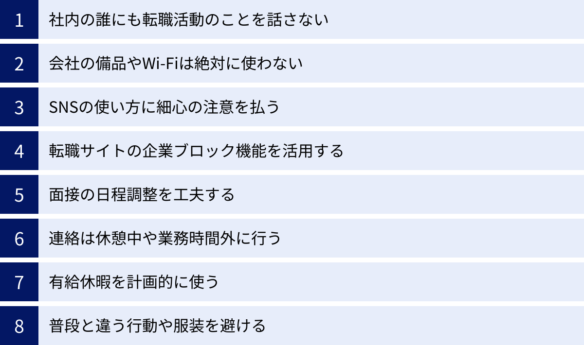 社内の誰にも転職活動のことを話さない、会社の備品やWi-Fiは絶対に使わない、SNSの使い方に細心の注意を払う、転職サイトの企業ブロック機能を活用する、面接の日程調整を工夫する、連絡は休憩中や業務時間外に行う、有給休暇を計画的に使う、普段と違う行動や服装を避ける