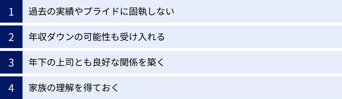 過去の実績やプライドに固執しない、年収ダウンの可能性も受け入れる、年下の上司とも良好な関係を築く、家族の理解を得ておく