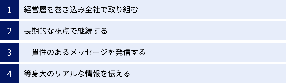 経営層を巻き込み全社で取り組む、長期的な視点で継続する、一貫性のあるメッセージを発信する、等身大のリアルな情報を伝える