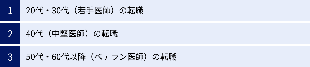 20代・30代（若手医師）の転職、40代（中堅医師）の転職、50代・60代以降（ベテラン医師）の転職