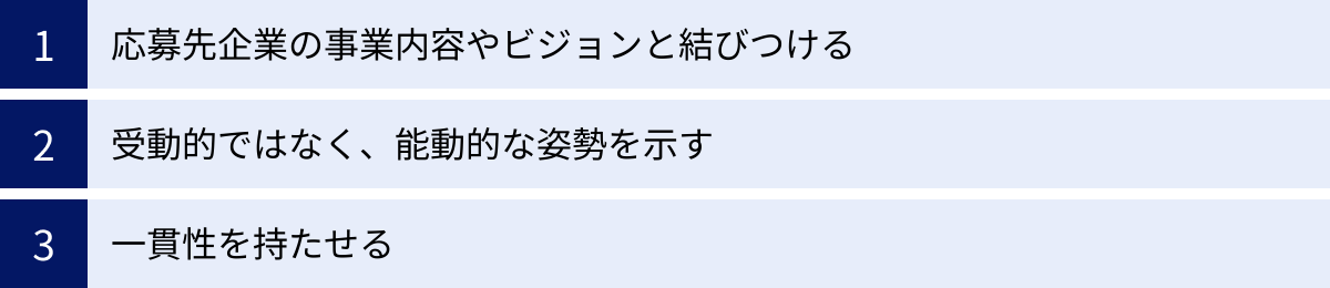 応募先企業の事業内容やビジョンと結びつける、受動的ではなく、能動的な姿勢を示す、一貫性を持たせる
