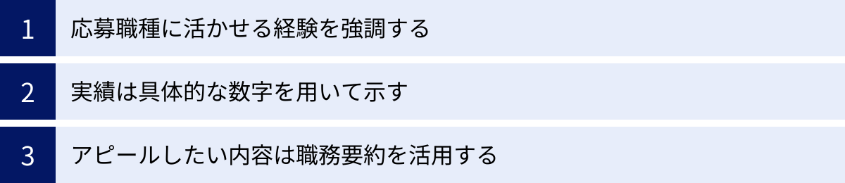 応募職種に活かせる経験を強調する、実績は具体的な数字を用いて示す、アピールしたい内容は職務要約を活用する