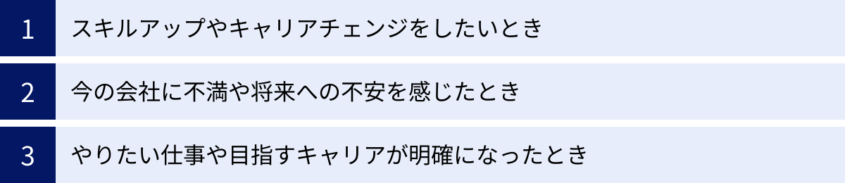 スキルアップやキャリアチェンジをしたいとき、今の会社に不満や将来への不安を感じたとき、やりたい仕事や目指すキャリアが明確になったとき