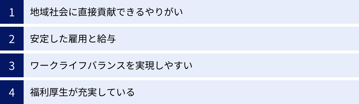 地域社会に直接貢献できるやりがい、安定した雇用と給与、ワークライフバランスを実現しやすい、福利厚生が充実している