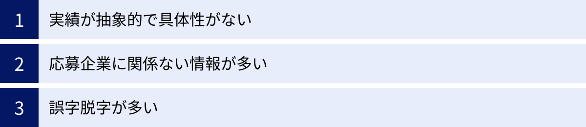 実績が抽象的で具体性がない、応募企業に関係ない情報が多い、誤字脱字が多い