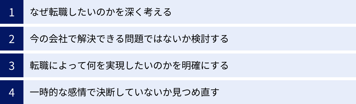 なぜ転職したいのかを深く考える、今の会社で解決できる問題ではないか検討する、転職によって何を実現したいのかを明確にする、一時的な感情で決断していないか見つめ直す
