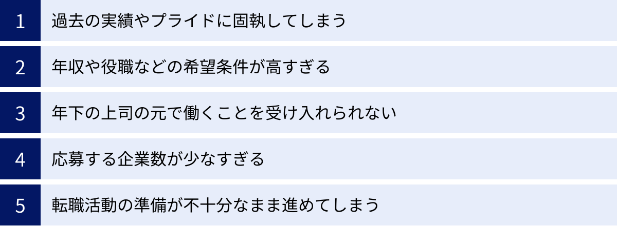 過去の実績やプライドに固執してしまう、年収や役職などの希望条件が高すぎる、年下の上司の元で働くことを受け入れられない、応募する企業数が少なすぎる、転職活動の準備が不十分なまま進めてしまう