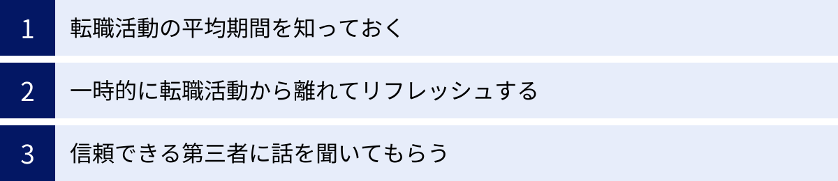 転職活動の平均期間を知っておく、一時的に転職活動から離れてリフレッシュする、信頼できる第三者に話を聞いてもらう