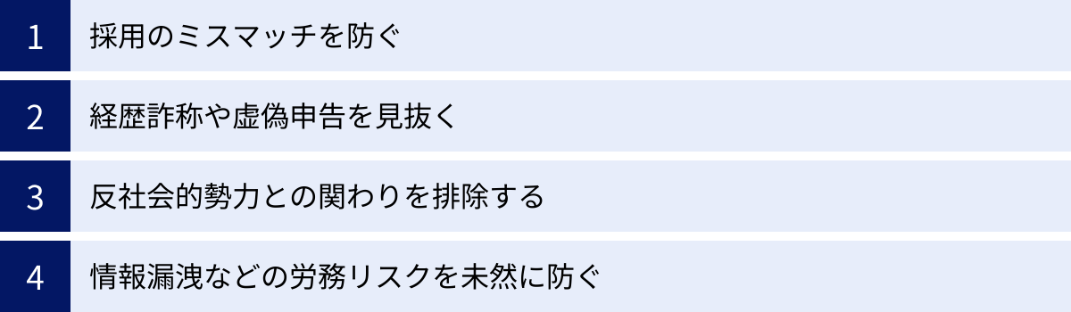 採用のミスマッチを防ぐ、経歴詐称や虚偽申告を見抜く、反社会的勢力との関わりを排除する、情報漏洩などの労務リスクを未然に防ぐ