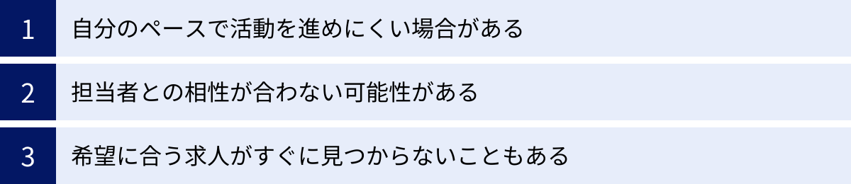自分のペースで活動を進めにくい場合がある、担当者との相性が合わない可能性がある、希望に合う求人がすぐに見つからないこともある