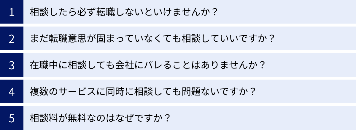 相談したら必ず転職しないといけませんか？、まだ転職意思が固まっていなくても相談していいですか？、在職中に相談しても会社にバレることはありませんか？、複数のサービスに同時に相談しても問題ないですか？、相談料が無料なのはなぜですか？
