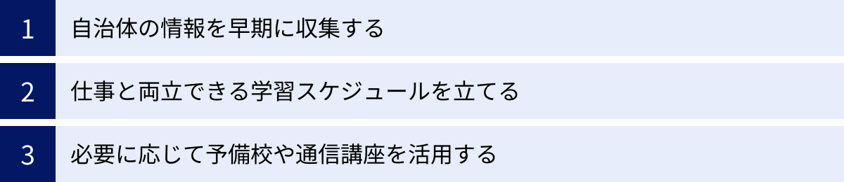 自治体の情報を早期に収集する、仕事と両立できる学習スケジュールを立てる、必要に応じて予備校や通信講座を活用する