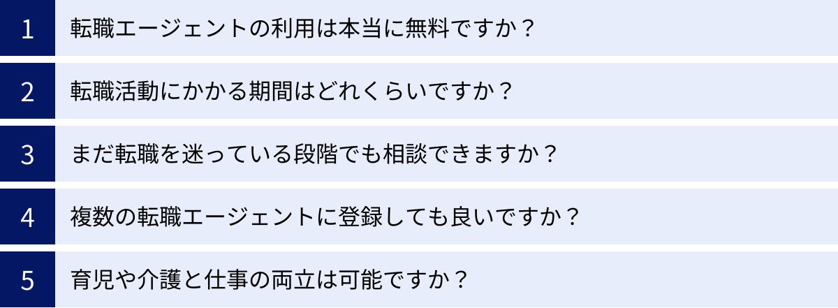 転職エージェントの利用は本当に無料ですか？、転職活動にかかる期間はどれくらいですか？、まだ転職を迷っている段階でも相談できますか？、複数の転職エージェントに登録しても良いですか？、育児や介護と仕事の両立は可能ですか？