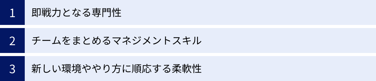 即戦力となる専門性、チームをまとめるマネジメントスキル、新しい環境ややり方に順応する柔軟性