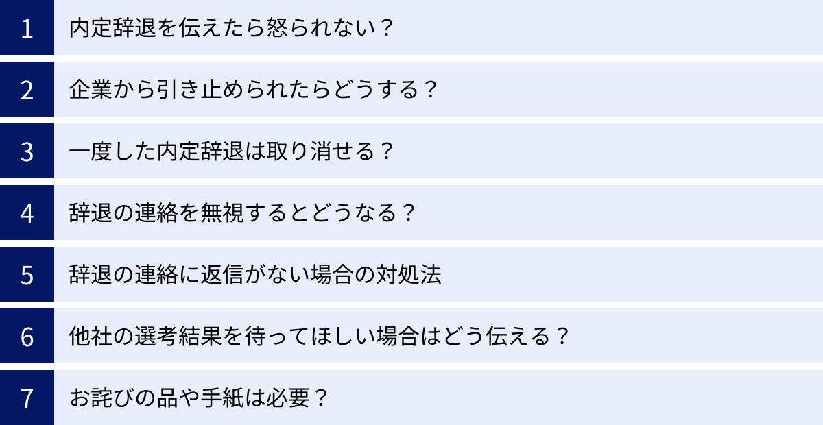 内定辞退を伝えたら怒られない？、企業から引き止められたらどうする？、一度した内定辞退は取り消せる？、辞退の連絡を無視するとどうなる？、辞退の連絡に返信がない場合の対処法、他社の選考結果を待ってほしい場合はどう伝える？、お詫びの品や手紙は必要？