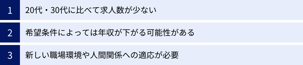 20代・30代に比べて求人数が少ない、希望条件によっては年収が下がる可能性がある、新しい職場環境や人間関係への適応が必要