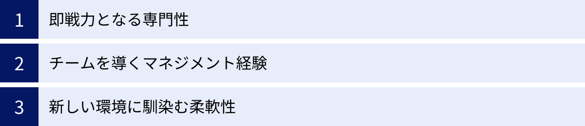 即戦力となる専門性、チームを導くマネジメント経験、新しい環境に馴染む柔軟性