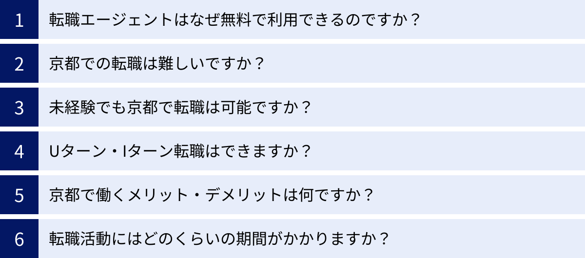 転職エージェントはなぜ無料で利用できるのですか？、京都での転職は難しいですか？、未経験でも京都で転職は可能ですか？、Uターン・Iターン転職はできますか？、京都で働くメリット・デメリットは何ですか？、転職活動にはどのくらいの期間がかかりますか？