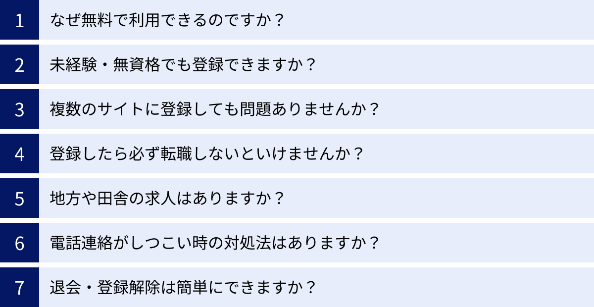 なぜ無料で利用できるのですか？、未経験・無資格でも登録できますか？、複数のサイトに登録しても問題ありませんか？、登録したら必ず転職しないといけませんか？、地方や田舎の求人はありますか？、電話連絡がしつこい時の対処法はありますか？、退会・登録解除は簡単にできますか？