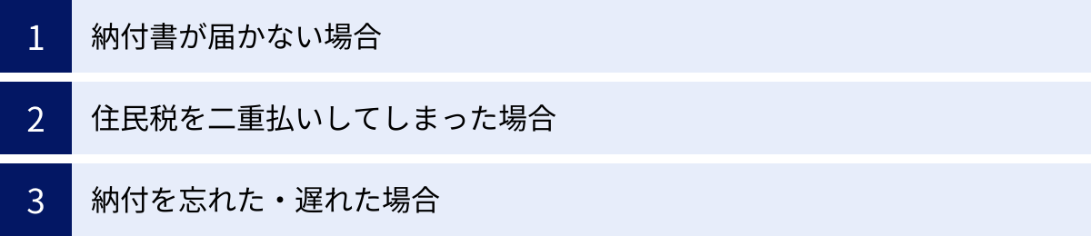 納付書が届かない場合、住民税を二重払いしてしまった場合、納付を忘れた・遅れた場合