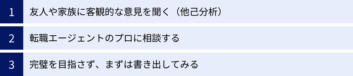 友人や家族に客観的な意見を聞く（他己分析）、転職エージェントのプロに相談する、完璧を目指さず、まずは書き出してみる