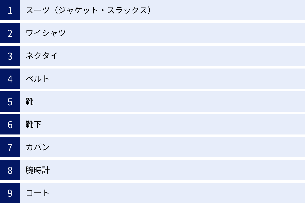 スーツ（ジャケット・スラックス）、ワイシャツ、ネクタイ、ベルト、靴、靴下、カバン、腕時計、コート