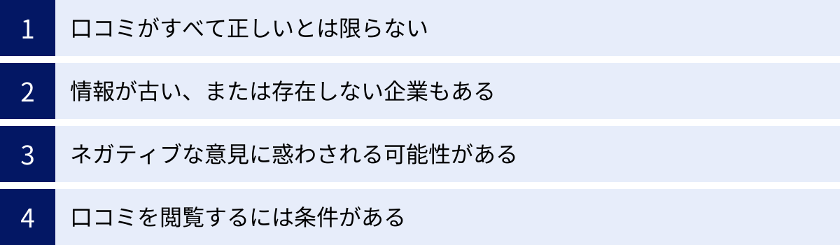 口コミがすべて正しいとは限らない、情報が古い、または存在しない企業もある、ネガティブな意見に惑わされる可能性がある、口コミを閲覧するには条件がある