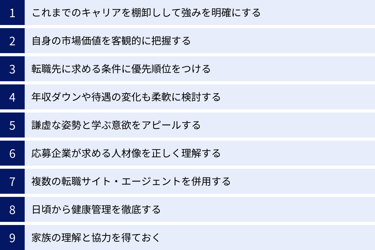 これまでのキャリアを棚卸しして強みを明確にする、自身の市場価値を客観的に把握する、転職先に求める条件に優先順位をつける、年収ダウンや待遇の変化も柔軟に検討する、謙虚な姿勢と学ぶ意欲をアピールする、応募企業が求める人材像を正しく理解する、複数の転職サイト・エージェントを併用する、日頃から健康管理を徹底する、家族の理解と協力を得ておく