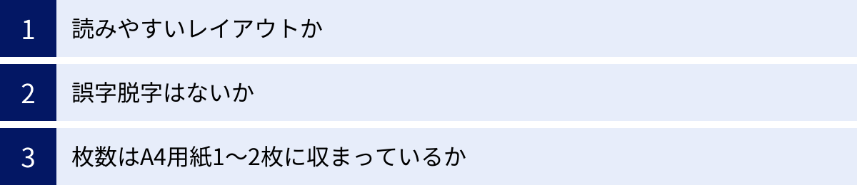 読みやすいレイアウトか、誤字脱字はないか、枚数はA4用紙1〜2枚に収まっているか