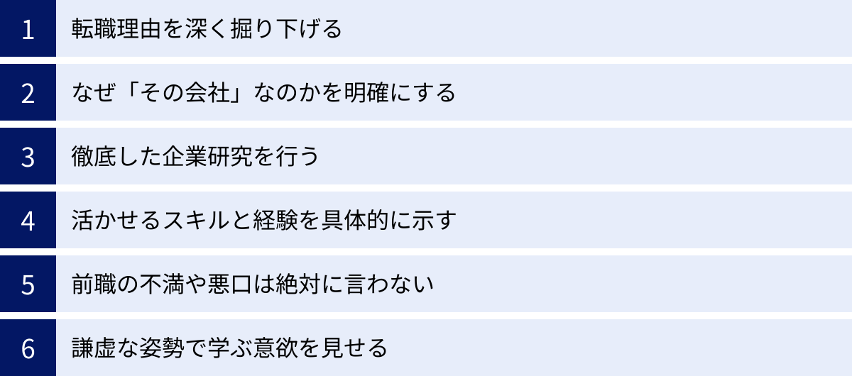 転職理由を深く掘り下げる、なぜ「その会社」なのかを明確にする、徹底した企業研究を行う、活かせるスキルと経験を具体的に示す、前職の不満や悪口は絶対に言わない、謙虚な姿勢で学ぶ意欲を見せる