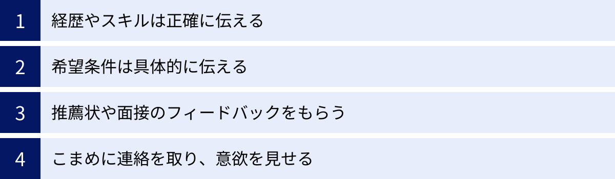 経歴やスキルは正確に伝える、希望条件は具体的に伝える、推薦状や面接のフィードバックをもらう、こまめに連絡を取り、意欲を見せる