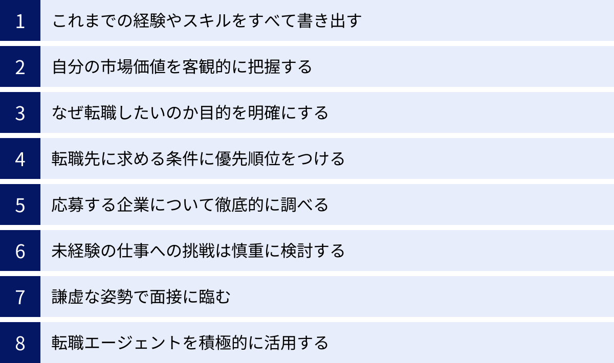 これまでの経験やスキルをすべて書き出す、自分の市場価値を客観的に把握する、なぜ転職したいのか目的を明確にする、転職先に求める条件に優先順位をつける、応募する企業について徹底的に調べる、未経験の仕事への挑戦は慎重に検討する、謙虚な姿勢で面接に臨む、転職エージェントを積極的に活用する