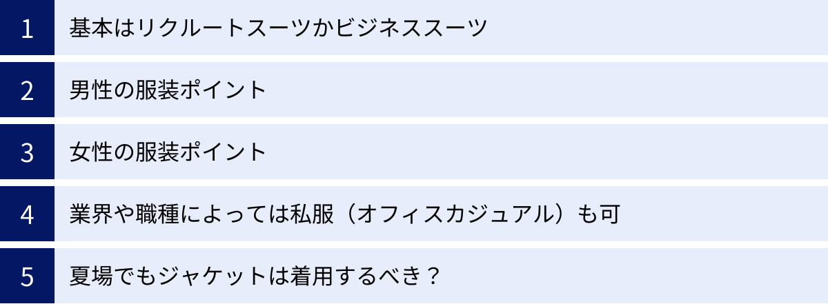 基本はリクルートスーツかビジネススーツ、男性の服装ポイント、女性の服装ポイント、業界や職種によっては私服（オフィスカジュアル）も可、夏場でもジャケットは着用するべき？