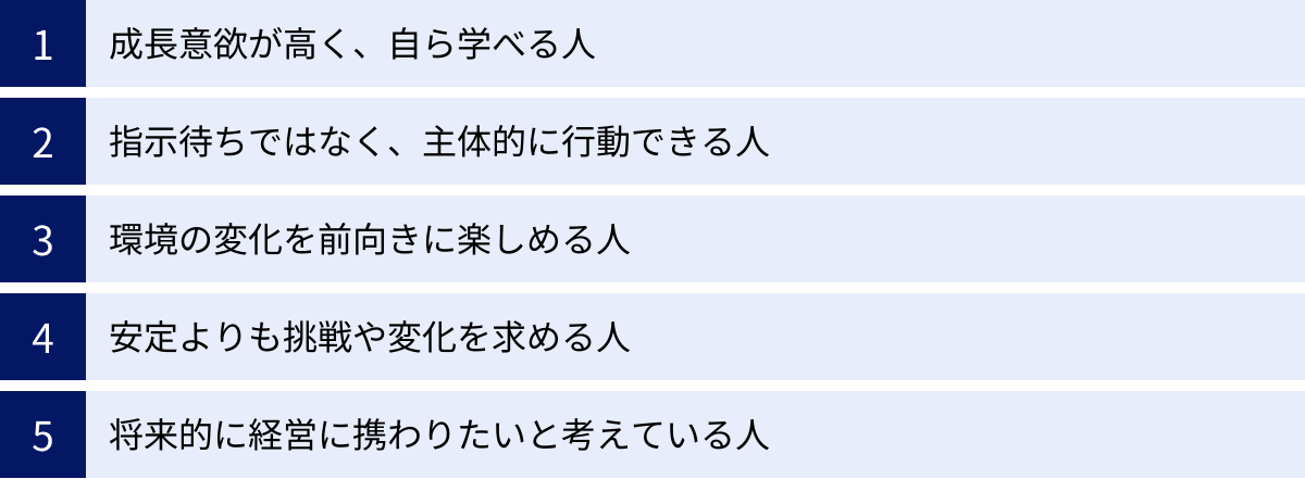 成長意欲が高く、自ら学べる人、指示待ちではなく、主体的に行動できる人、環境の変化を前向きに楽しめる人、安定よりも挑戦や変化を求める人、将来的に経営に携わりたいと考えている人