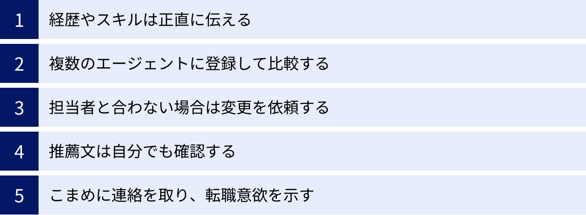 経歴やスキルは正直に伝える、複数のエージェントに登録して比較する、担当者と合わない場合は変更を依頼する、推薦文は自分でも確認する、こまめに連絡を取り、転職意欲を示す