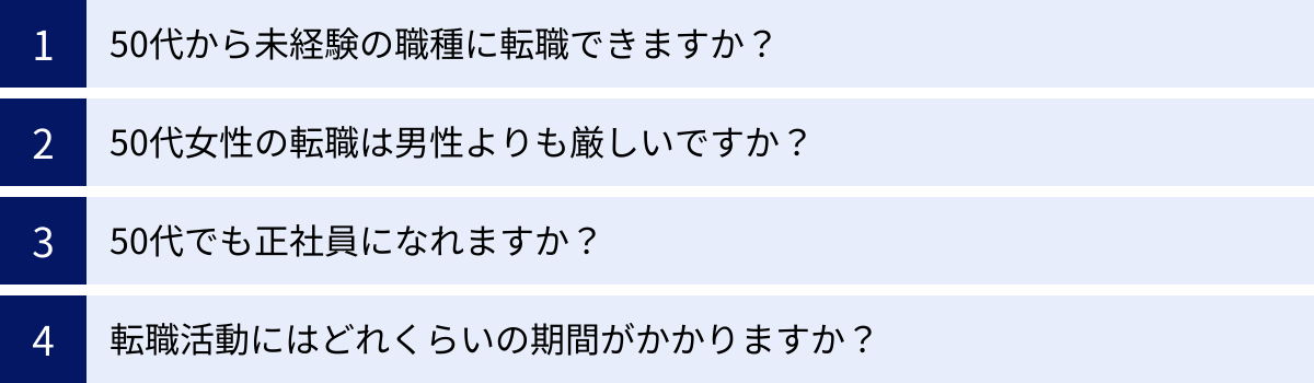 50代から未経験の職種に転職できますか？、50代女性の転職は男性よりも厳しいですか？、50代でも正社員になれますか？、転職活動にはどれくらいの期間がかかりますか？