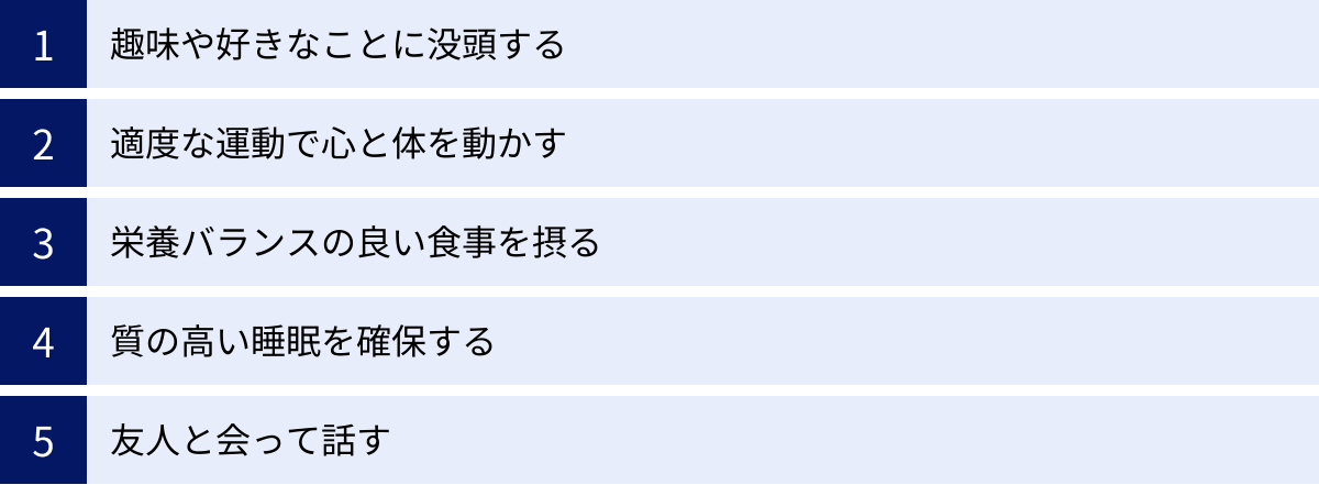 趣味や好きなことに没頭する、適度な運動で心と体を動かす、栄養バランスの良い食事を摂る、質の高い睡眠を確保する、友人と会って話す