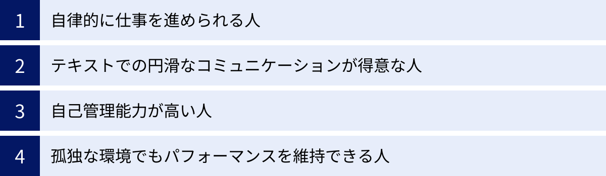 自律的に仕事を進められる人、テキストでの円滑なコミュニケーションが得意な人、自己管理能力が高い人、孤独な環境でもパフォーマンスを維持できる人